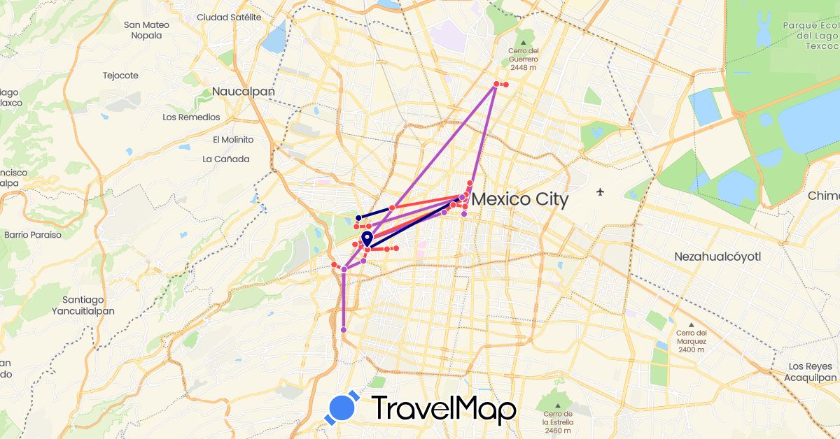 TravelMap itinerary: driving, train, hiking in Mexico (North America)